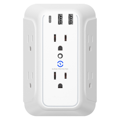 USB Wall Charger/Surge Protector 6-Outlet Extender with 2 USB Charging Ports 3-Sided Power Strip with Adapter Spaced Outlets