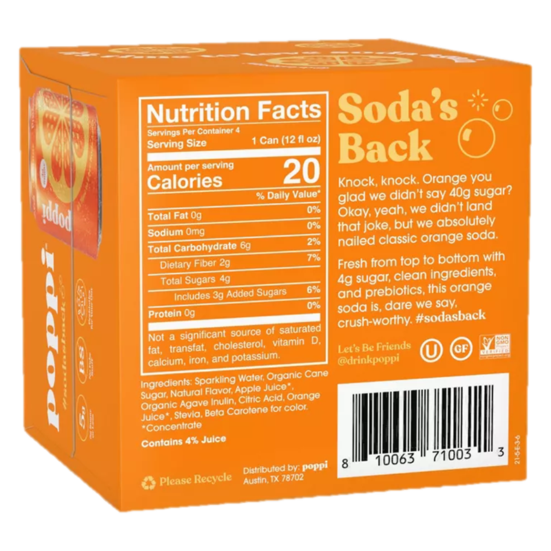 Poppi Prebiotic Soda Orange 4pk 12oz Can