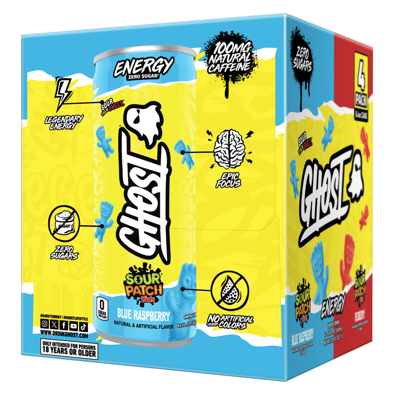 GHOST ENERGY Zero Sugar Sour Patch Kids Variety Pack Blue Rasberry and Redberry 4pk 8.4oz Can