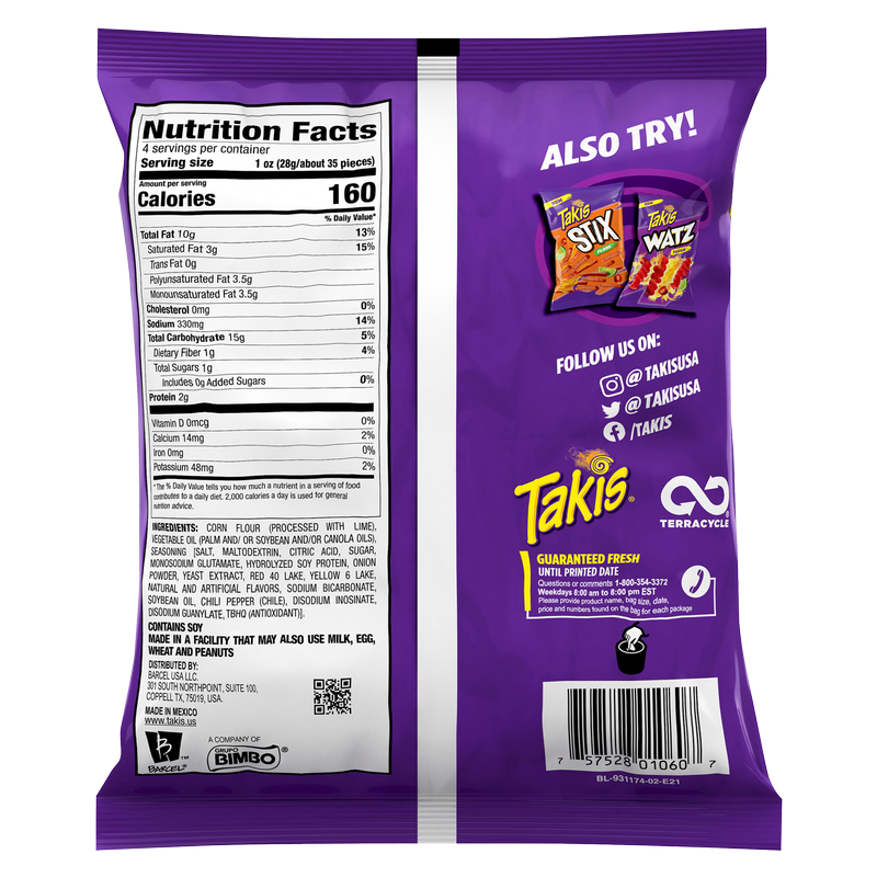 Takis Fuego Stix Spicy Corn Snack Sticks Snack Size Bag 4oz