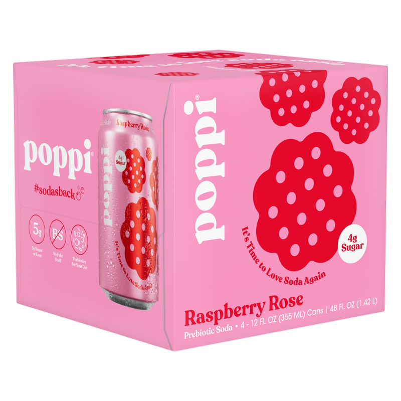 Poppi Prebiotic Soda Raspberry Rose 4pk 12oz Can