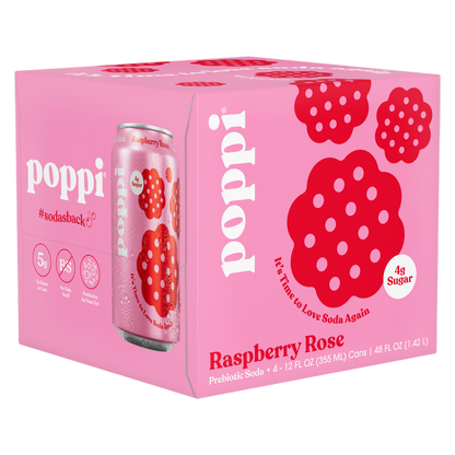 Poppi Prebiotic Soda Raspberry Rose 4pk 12oz Can