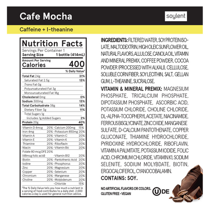 Soylent Complete Nutrition Protein Meal Replacement Shake, Cafe Mocha, 14 Oz.