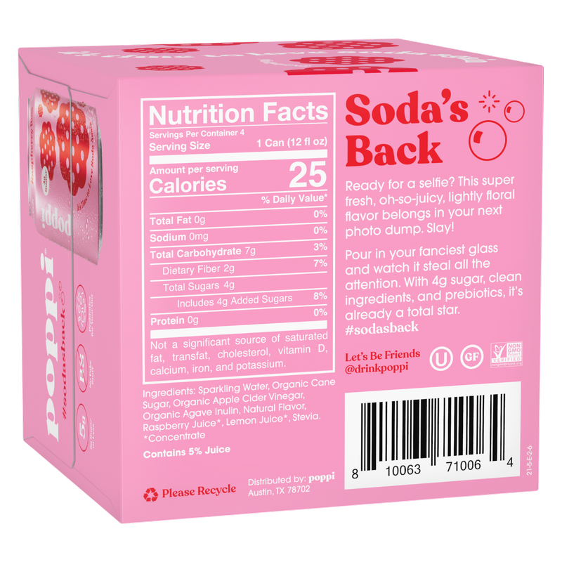 Poppi Prebiotic Soda Raspberry Rose 4pk 12oz Can