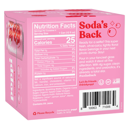 Poppi Prebiotic Soda Raspberry Rose 4pk 12oz Can