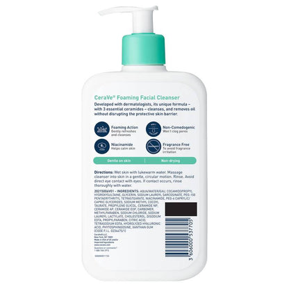 CeraVe Foaming Face Wash with Hyaluronic Acid and Niacinamide for Oily Skin, 16 Fl Oz