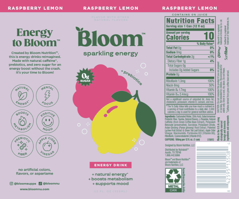 Bloom Raspberry Lemon Sparkling Energy 12oz Can – BevMo! Arizona