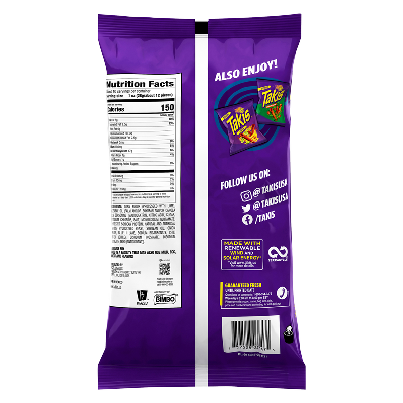 Takis Blue Heat Spicy Rolled Tortilla Chips Sharing Size Bag 9.9oz