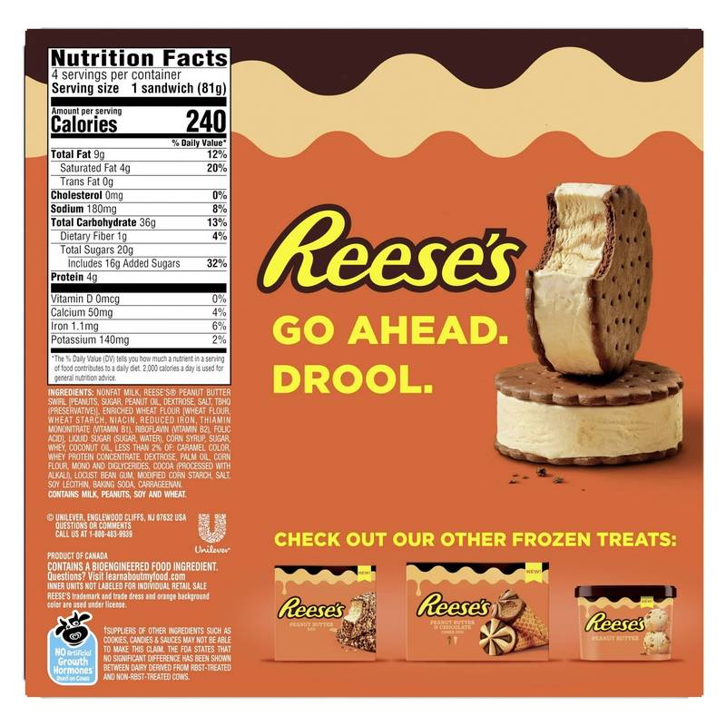 Reese's Peanut Butter Frozen Dairy Dessert Sandwich 4ct