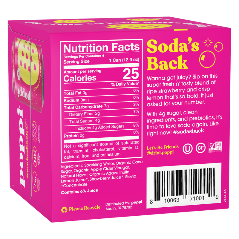 Poppi Prebiotic Soda Strawberry Lemon 4pk 12oz Can
