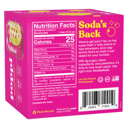 Poppi Prebiotic Soda Strawberry Lemon 4pk 12oz Can