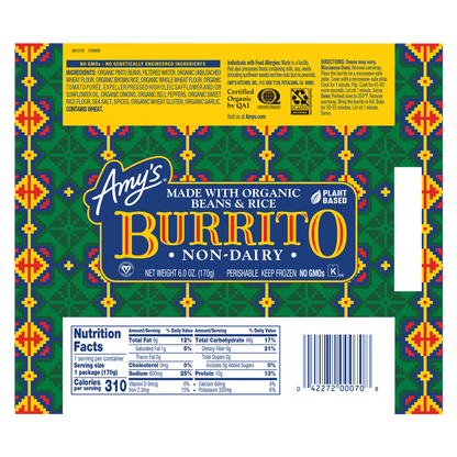 Amy's Frozen Non Dairy Beans and Rice Burrito 1ct 6oz