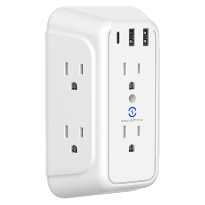 USB Wall Charger/Surge Protector 6-Outlet Extender with 2 USB Charging Ports 3-Sided Power Strip with Adapter Spaced Outlets
