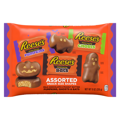 REESE'S Assorted Milk Chocolate Snack Size Peanut Butter Shapes, Halloween Candy Variety Bag, 9 oz