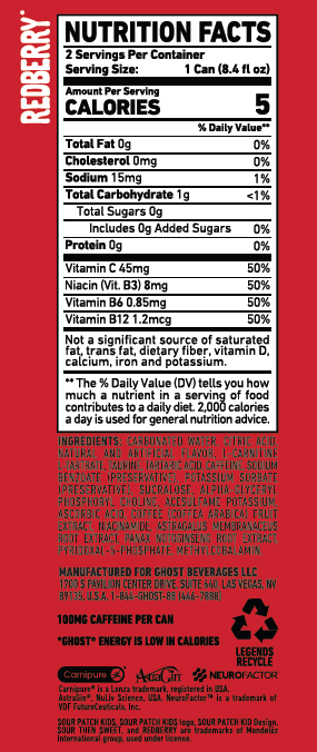 GHOST ENERGY Zero Sugar Sour Patch Kids Variety Pack Blue Rasberry and Redberry 4pk 8.4oz Can
